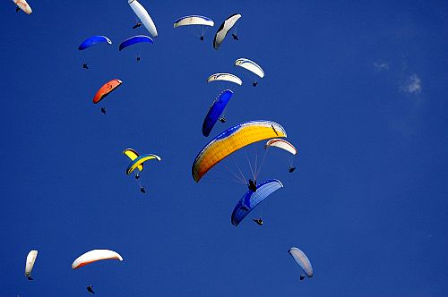 Crowded air space filled with paragliders